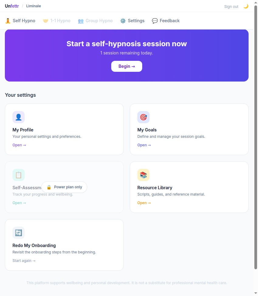 Liminale app — Dashboard