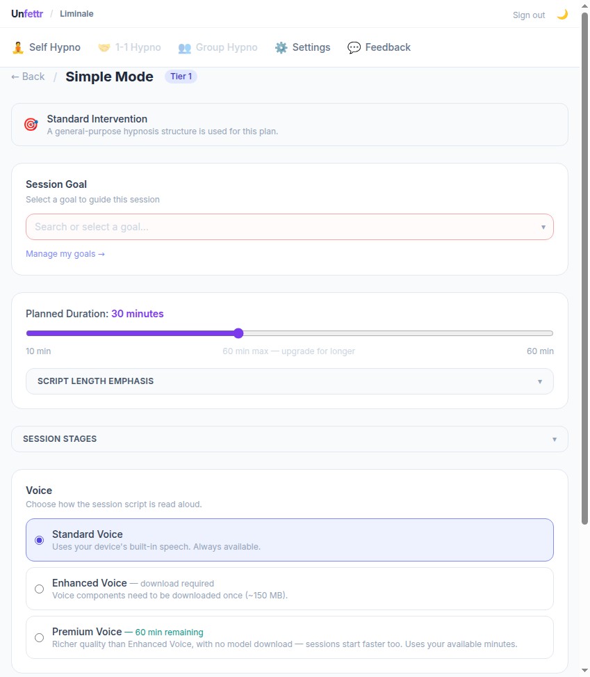 Liminale app — Session setup